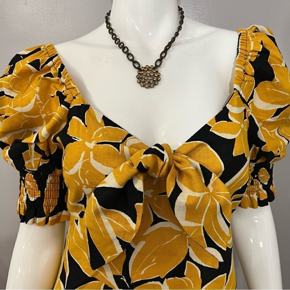 NWT Who What Wear Black/Yellow Linen Floral Print Puff Sleeve Dress - XS - Picture 10 of 16